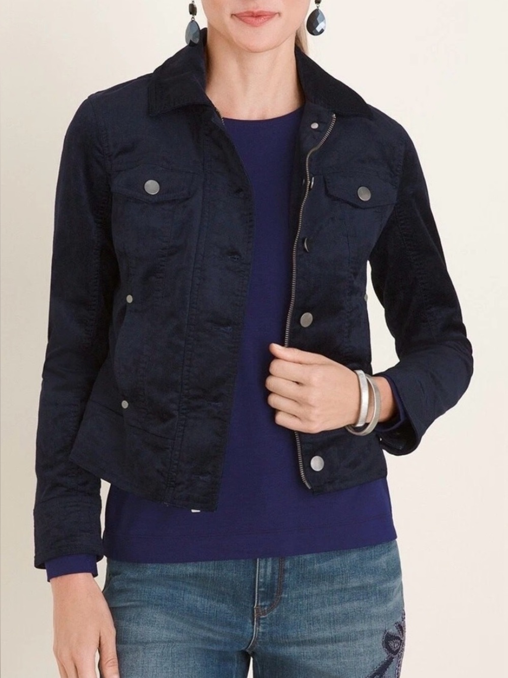 Chicos Velveteen Moto Jacket Deep Navy Size 1 NWT